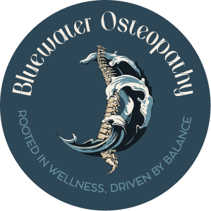 Logo for Bluewater Osteopathy featuring a stylized scorpion with a wave design, circle text stating 'Bluewater Osteopathy', and the tagline 'Rooted in Wellness, Driven by Balance'.
