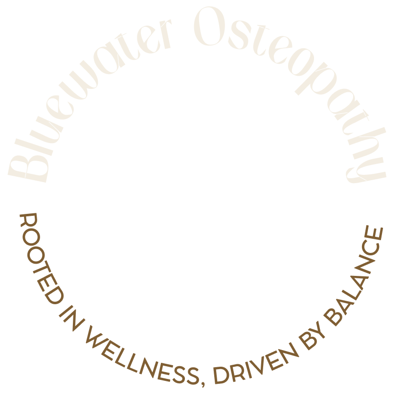 Logo for Bluewater Osteopathy, featuring a circular design with the text 'Bluewater Osteopathy' in white curved along the top and 'Rooted in Wellness, Driven by Balance' in brown curved along the bottom.