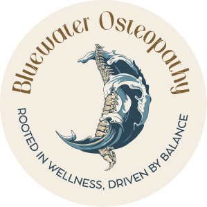 Bluewater Osteopathy logo featuring a stylized whale tail and spine with the text 'Bluewater Osteopathy' and the slogan 'Rooted in Wellness, Driven by Balance'.