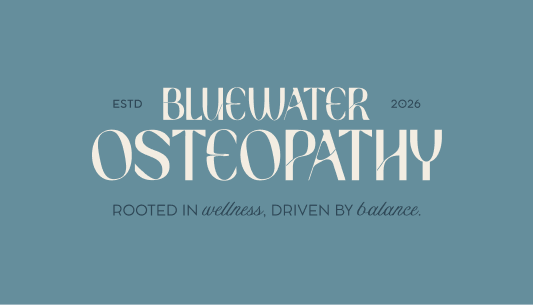 BlueWater Osteopathy logo with text, ESTD 2026, rooted in wellness, driven by balance, on a blue background.