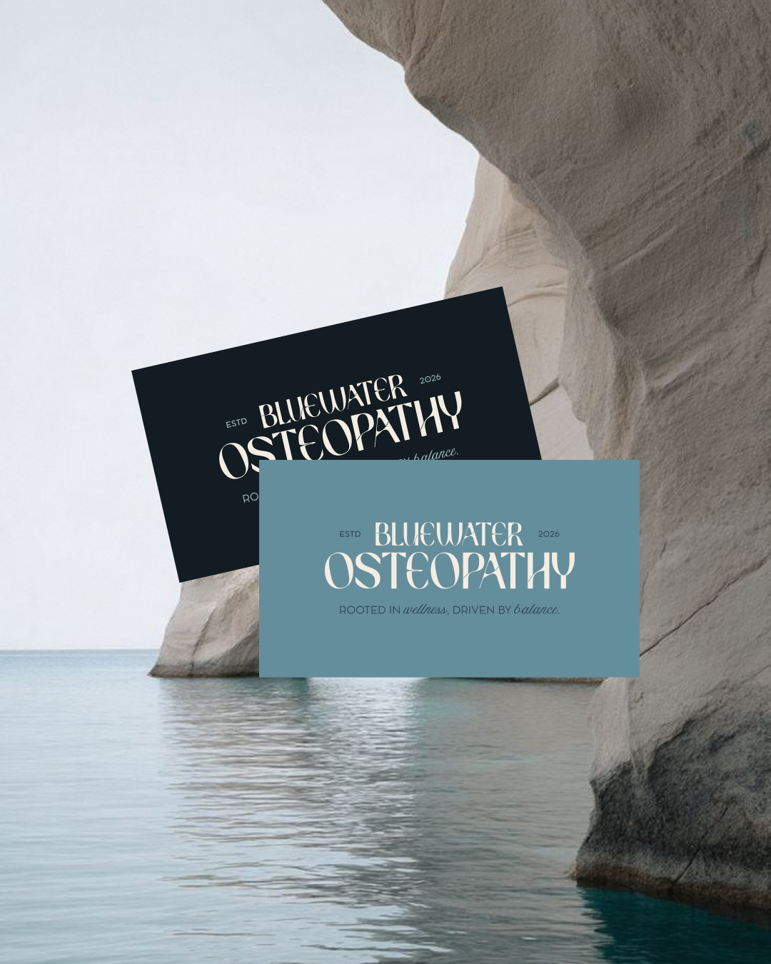 Two overlapping cards with the text 'Bluewater Osteopathy' against a natural rock formation near water.