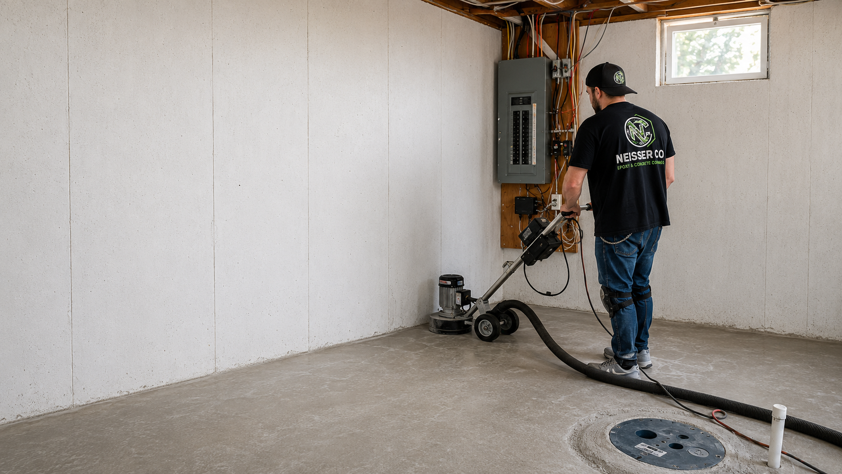 A man in a black shirt and jeans performs concrete grinding in a basement. He is using a floor grinder with a vacuum hose to smooth the concrete surface near a drain. The basement has unfinished walls, a small window, and electrical panels.