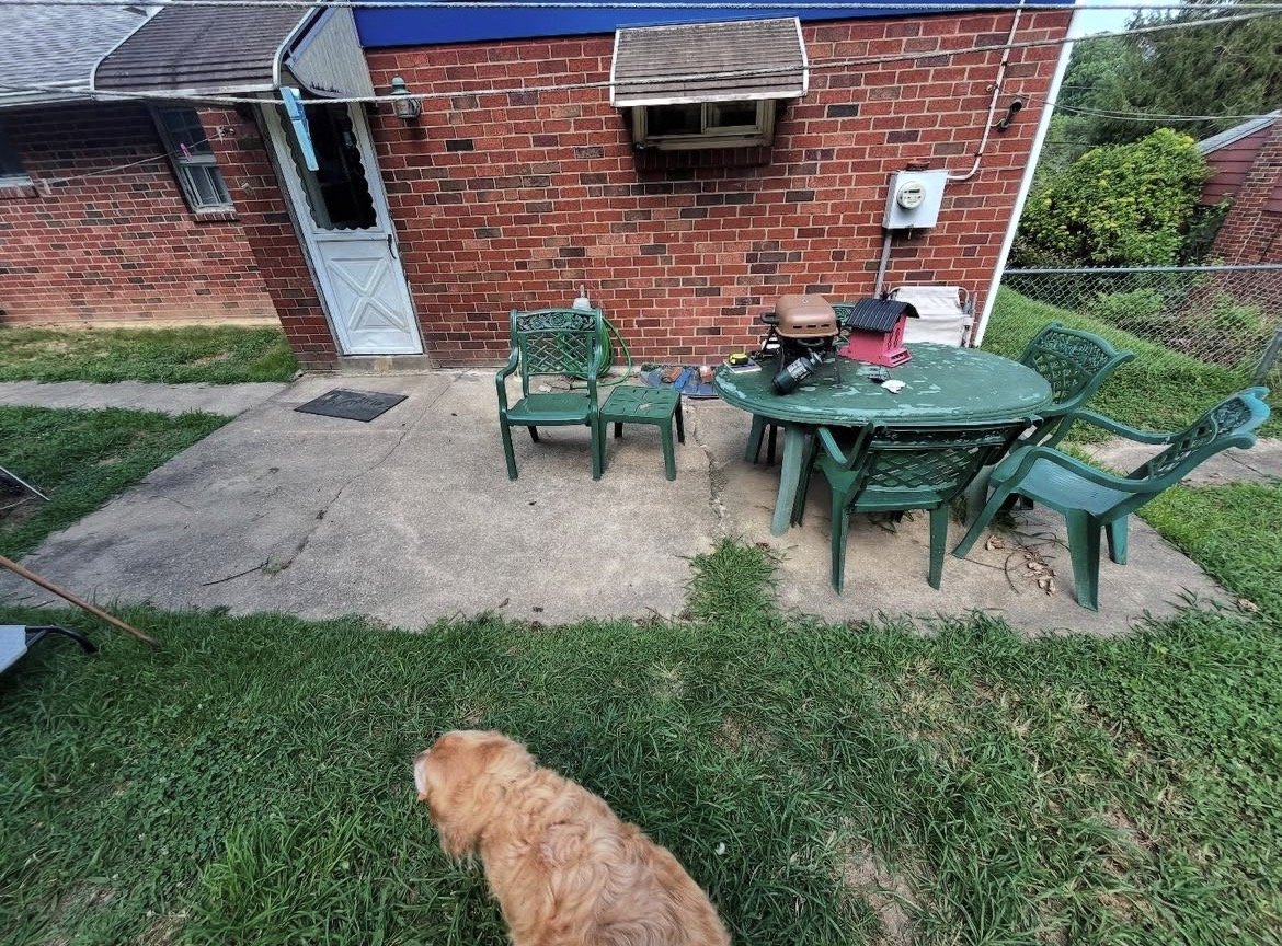 Backyard patio area with four green plastic chairs, a green table with items including a grill and a pink container, a small brick building with a door, window air conditioning unit, and electrical meter, and a dog in the grass.