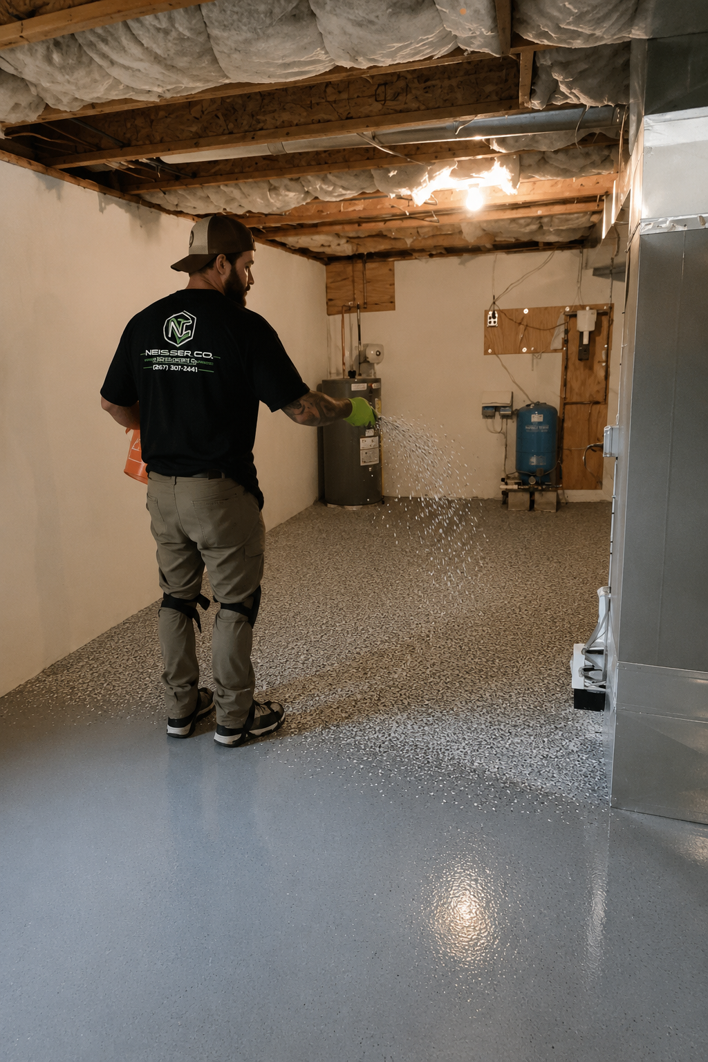 A man wearing a black t-shirt, khaki pants, and a cap is spraying a coating onto a garage floor. The garage has unfinished ceilings with insulation and exposed wooden beams.