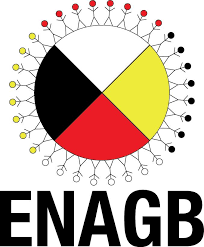 A circular diagram divided into four colored sections: black, white, red, and yellow, with the text 'ENAGB' underneath.
