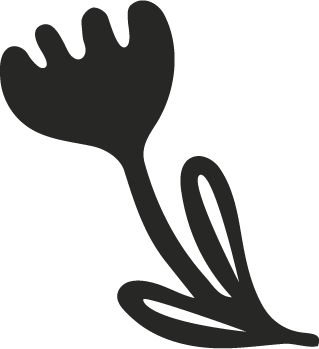 Black silhouette of a stylized flower with a curved stem and petals.