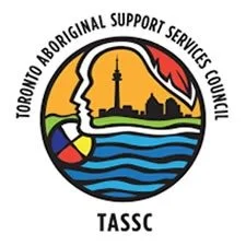 Logo of the Toronto Aboriginal Support Services Council (TASSC) featuring a stylized landscape with a tower, trees, water, and a sun or flame, encircled by the organization’s name.