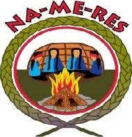 Logo of NA-ME-RES with three blue canoes and a campfire in the center, surrounded by a green wreath.