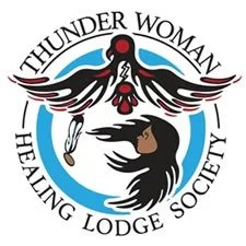 Logo for Thunder Woman Healing Lodge Society featuring a stylized thunderbird and a black horse within a circular design.