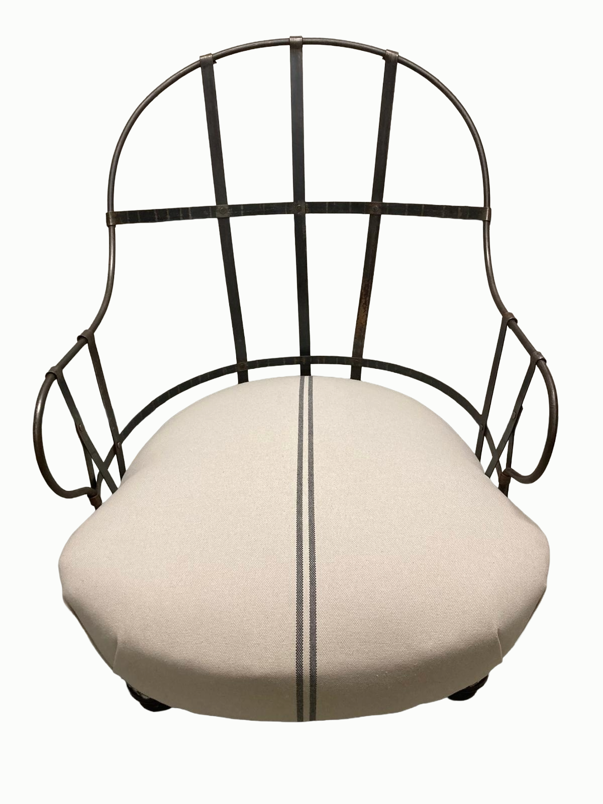 A chair with a black metal frame and a cushioned beige seat.