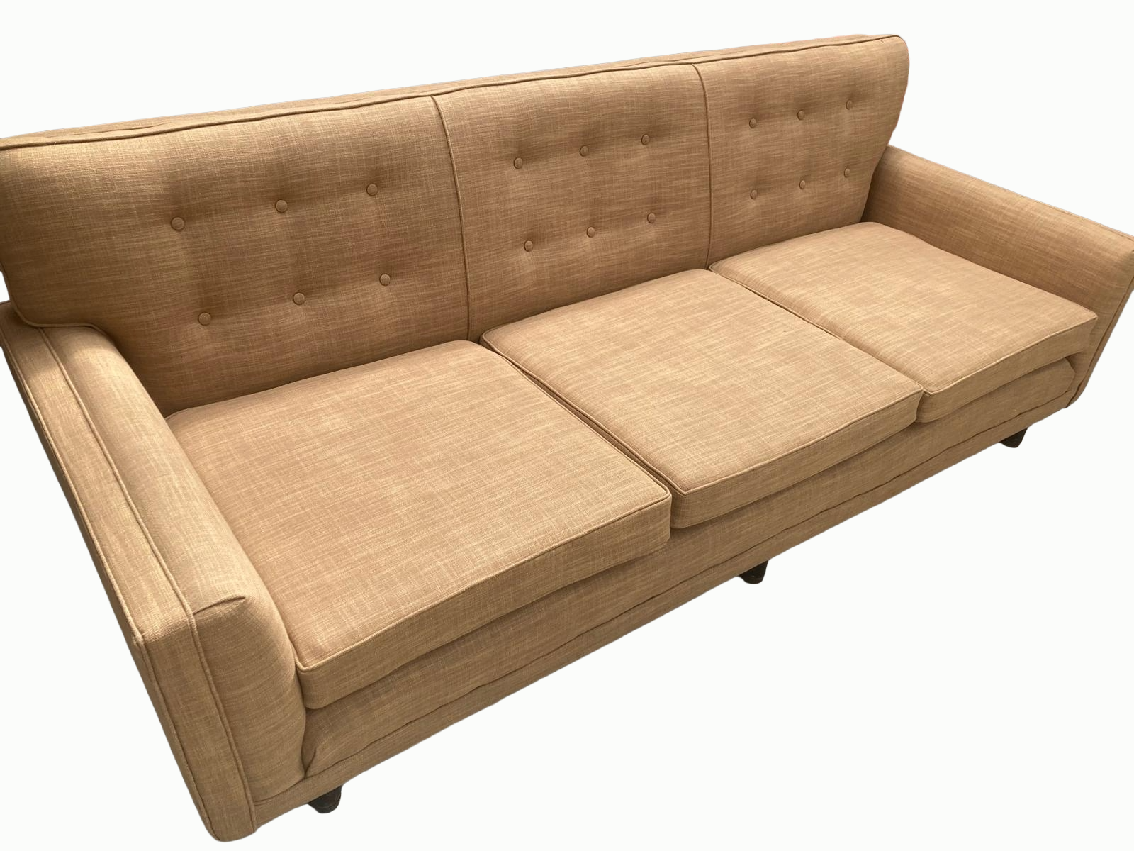 A beige upholstered sofa with a button-tufted backrest and three cushions, set against a white background.