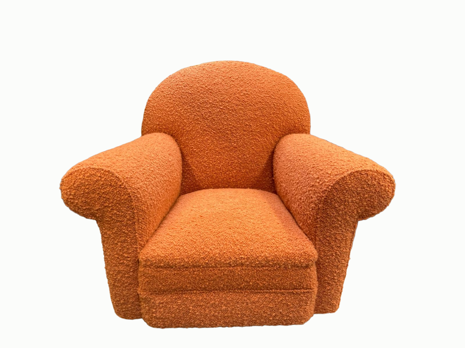 Orange armchair with textured fabric, rounded back, and curved armrests, centered against a white background.