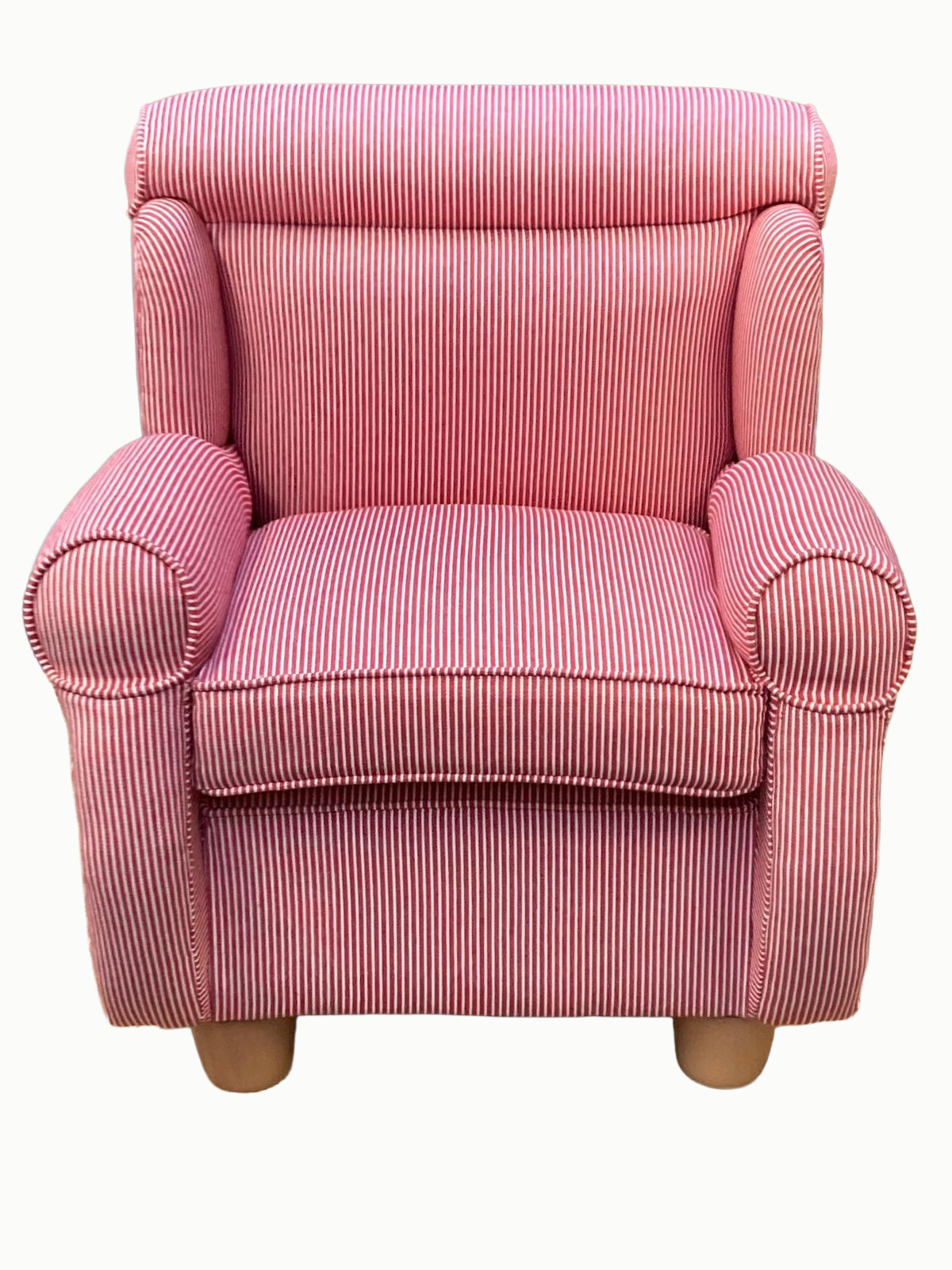 Pink and white striped upholstered armchair with wooden legs.