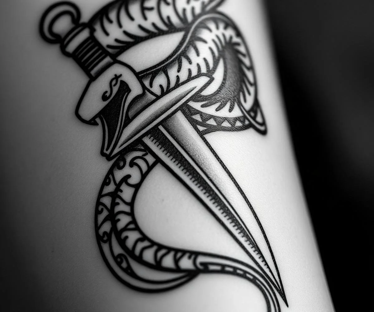 Black and white tattoo of a snake coiled around a sword with a dagger in its mouth.