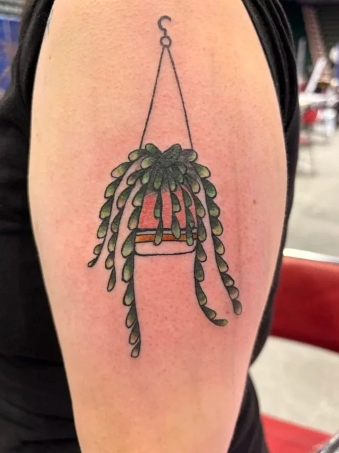 Tattoo of a hanging plant with green leaves in a pot.