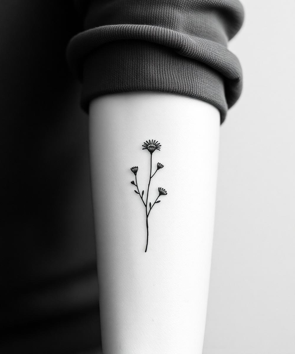 A black and white close-up photo of a person's forearm with a minimalistic black line drawing of a flower on it, wearing a gray sleeve.