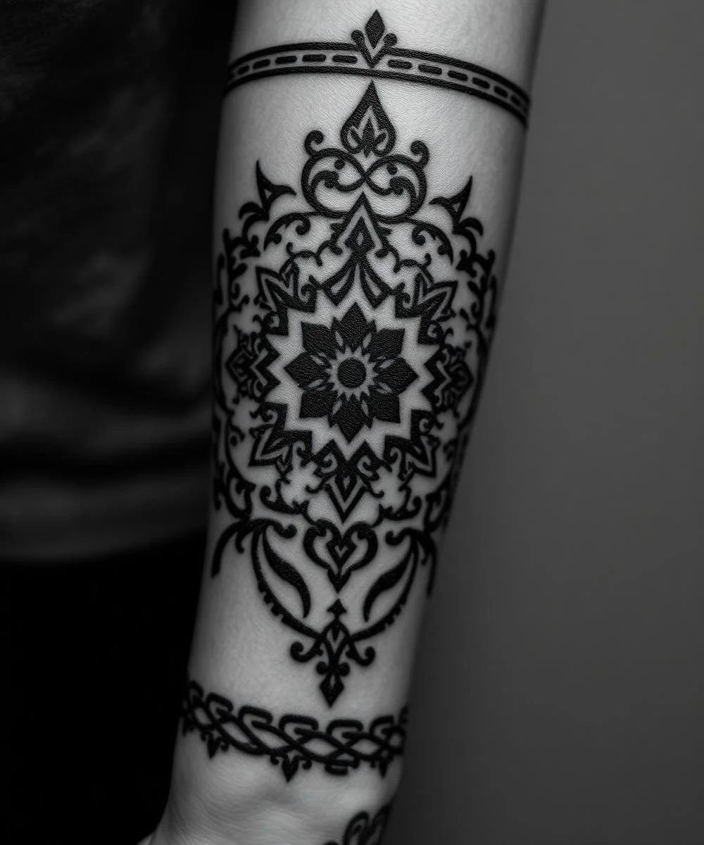Black tattoo with intricate floral and geometric patterns on a person's arm.