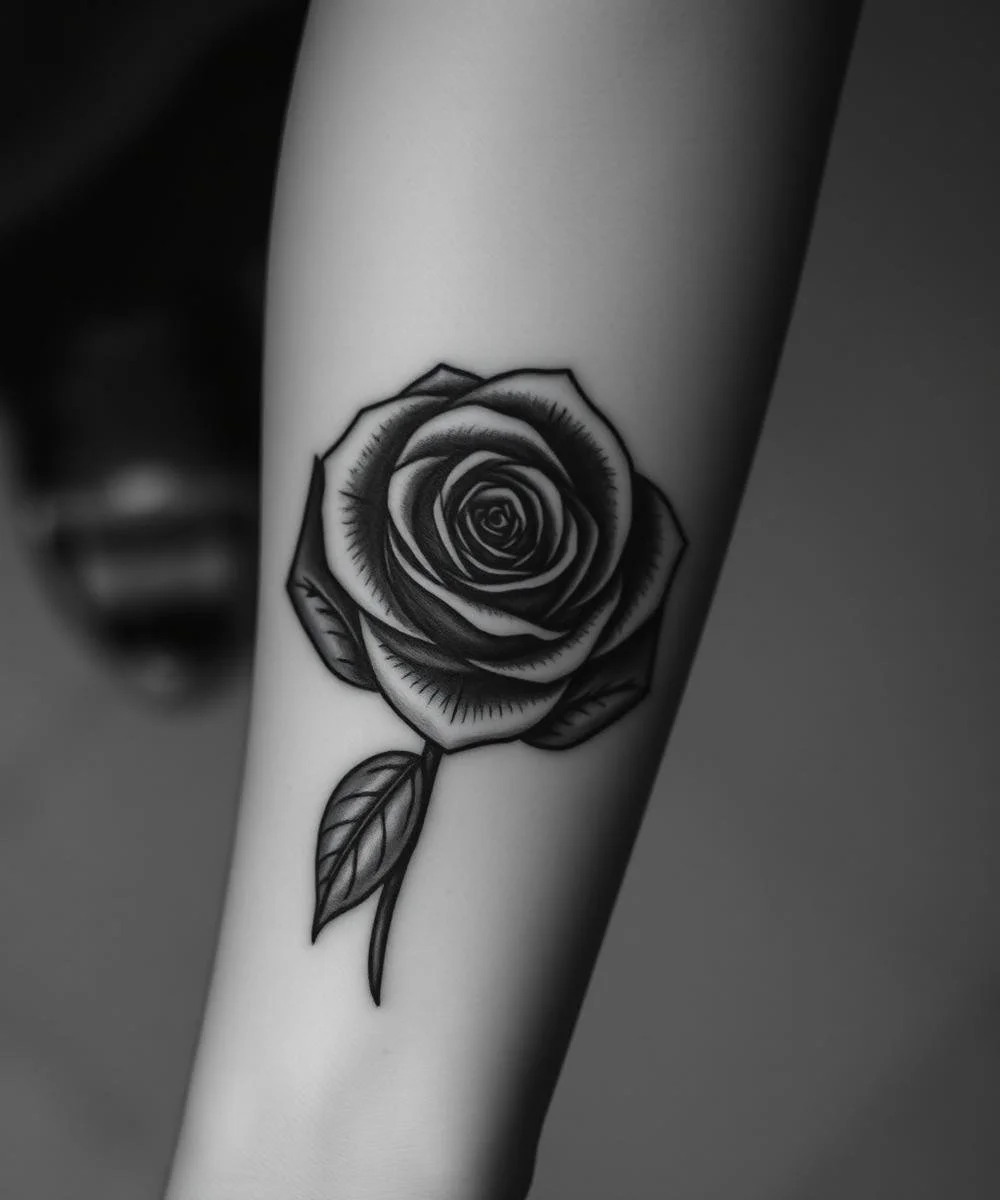 Black and gray tattoo of a detailed rose flower with leaves on a person's forearm.