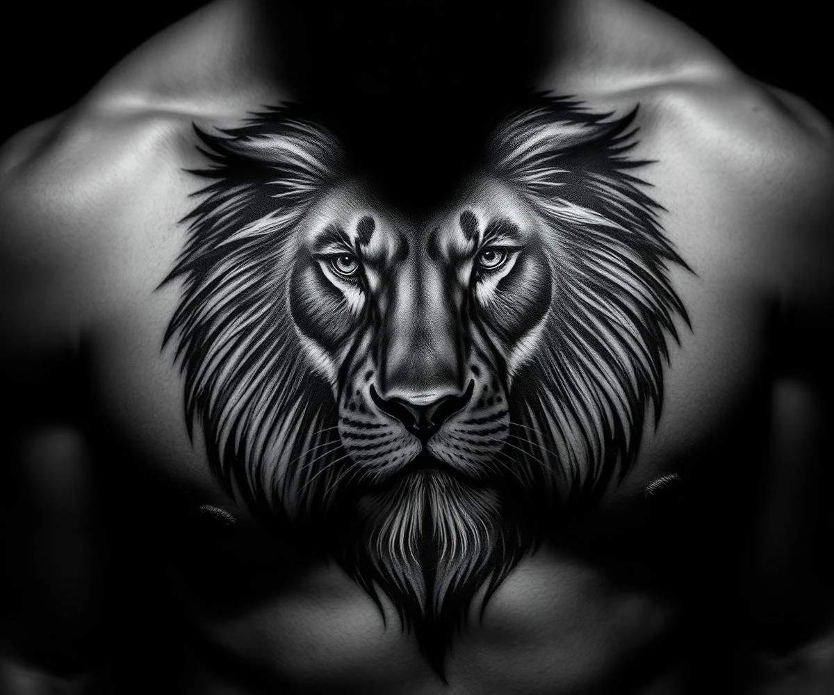 Black and white tattoo of a lion's face on a person's chest, showing detailed eyes, mane, and facial features.