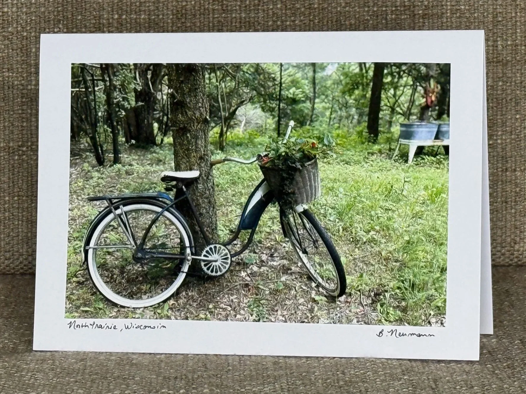 Photograph of a vintage bicycle with a basket of flowers, standing on a grassy area in a wooded forest setting, with trees and green foliage in the background. The photo is framed with a white border and has handwriting at the bottom that reads 'Nort