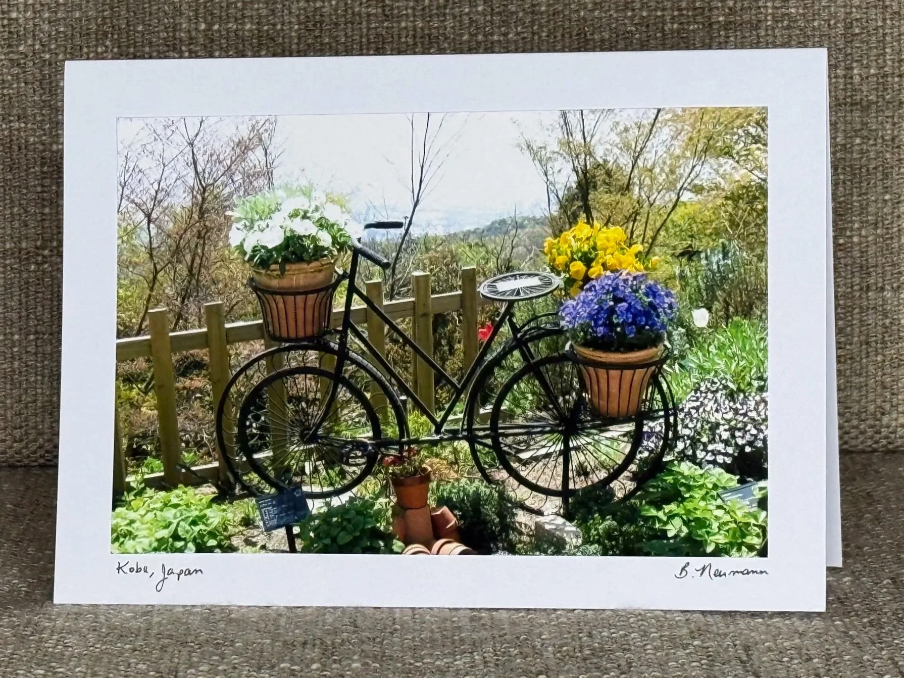 Photo of a framed painting of a decorative bicycle with flower pots on its handlebars and rear, situated outdoors with trees, greenery, and a distant view in the background. The frame has handwritten notes at the bottom reading 'Kobe, Japan' and the 