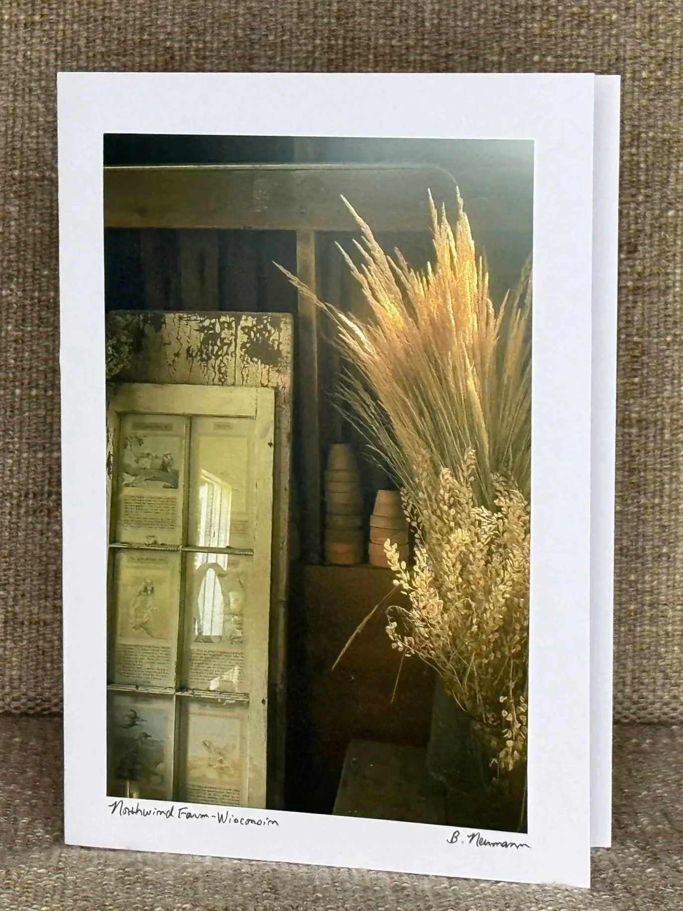 Photograph of a photograph of dried grasses in a pot, a rustic window shutter with illustrations or photos, and a rustic or old wooden structure.