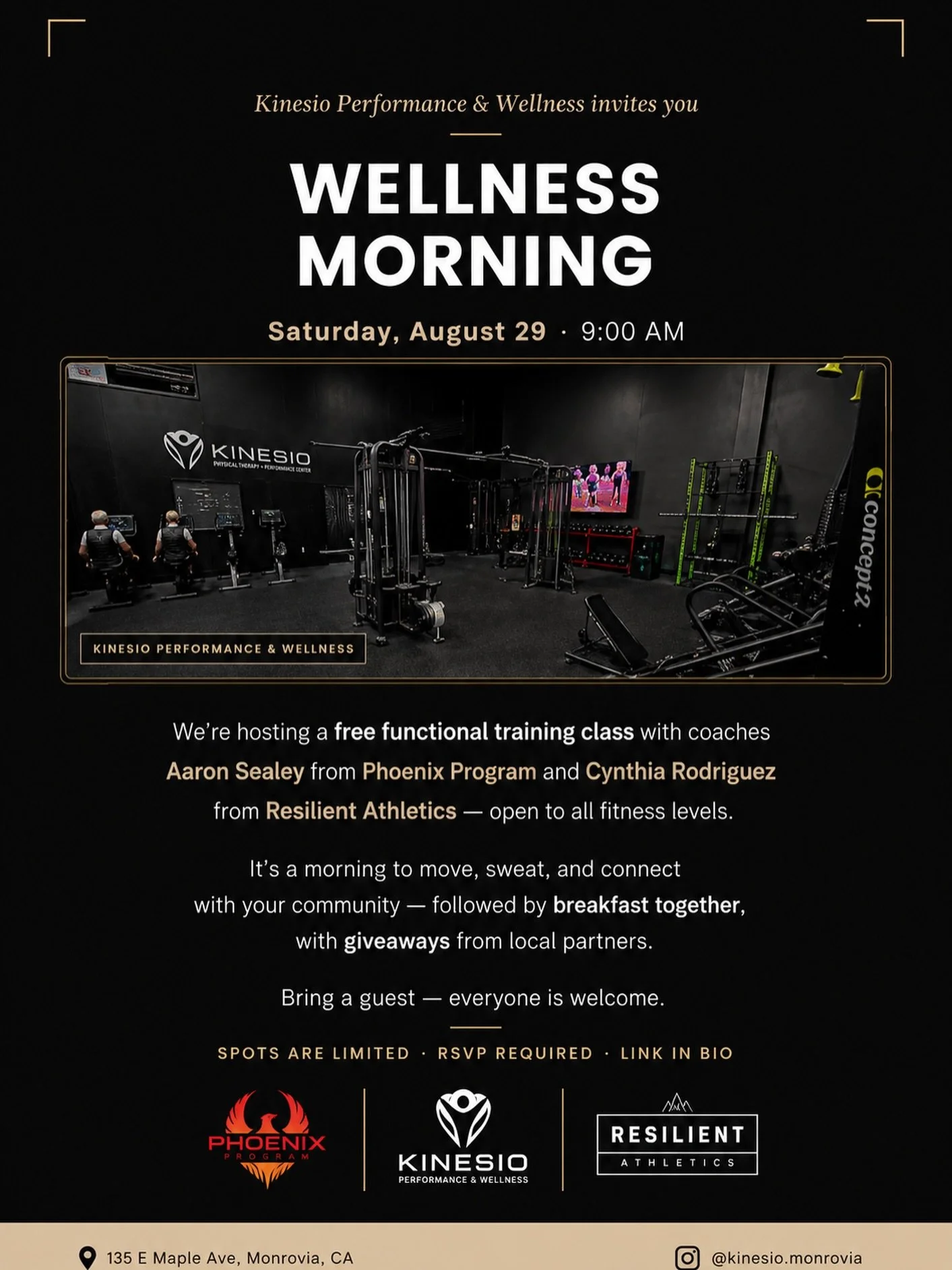 Kinesio Performance &amp; Wellness, in partnership with Phoenix Program and Resilient Athletics, invites you to our Wellness Morning! 🌿💪
 
Join us on Saturday, August 29 at 9:00 AM for a FREE functional training class led by coaches Aaron Sealey fr