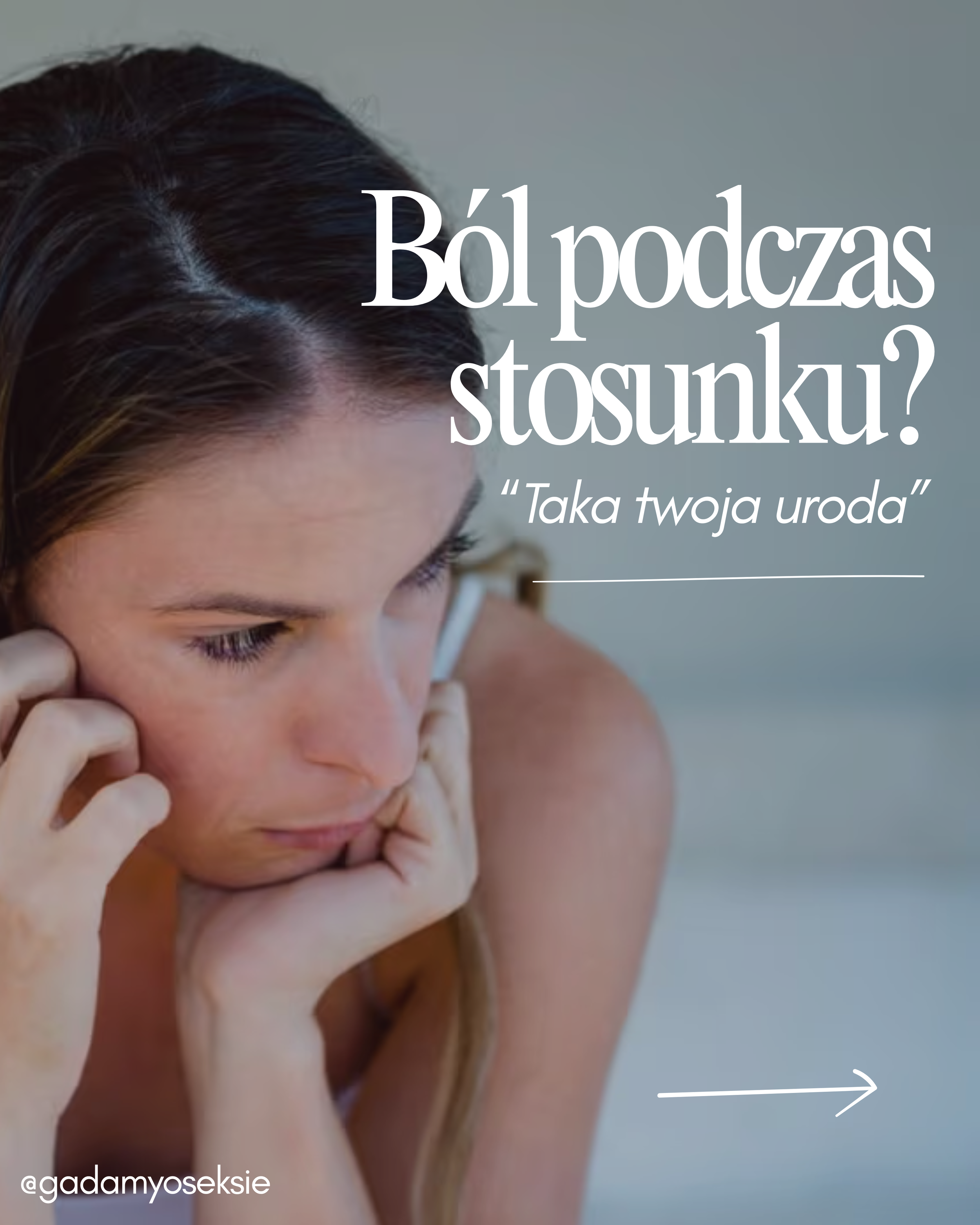 A close-up of a woman with dark hair, resting her head on her hand, with text overlaid in Polish and a social media handle in the corner.