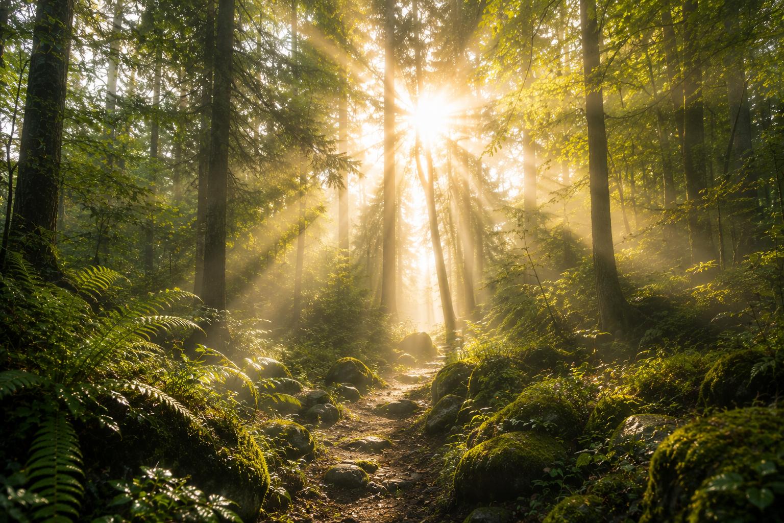 Sunlight filtering through a dense forest canopy onto a rocky, moss-covered trail.