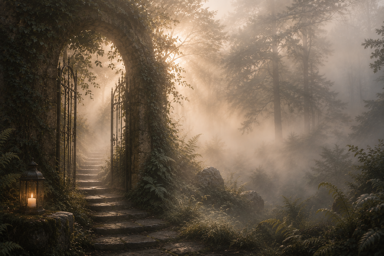 A stone archway with iron gates opens to a stone staircase leading into a misty forest at sunrise, with fog, trees, and a lantern with a lit candle on the ground nearby.