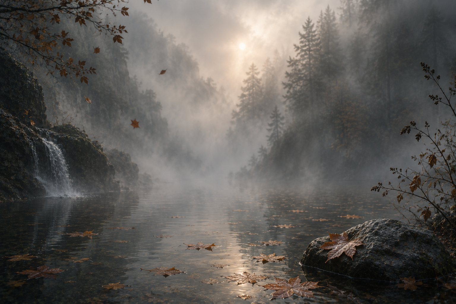 A foggy river scene with trees in the background, leaves floating on the water, and rocks along the shore at sunrise or sunset.