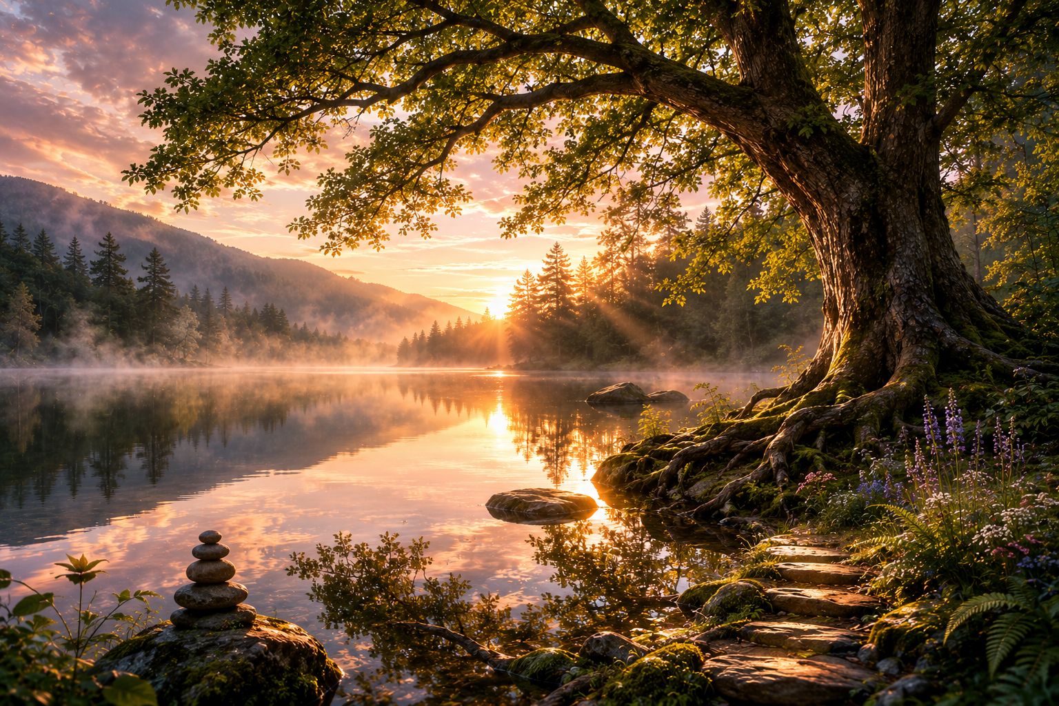 A scenic view of a large tree by a lake at sunrise, with mist on the water and mountains in the background, reflecting the sky and trees.