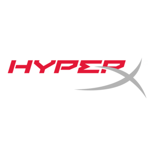 HyperX logo with red and gray text on a black background.