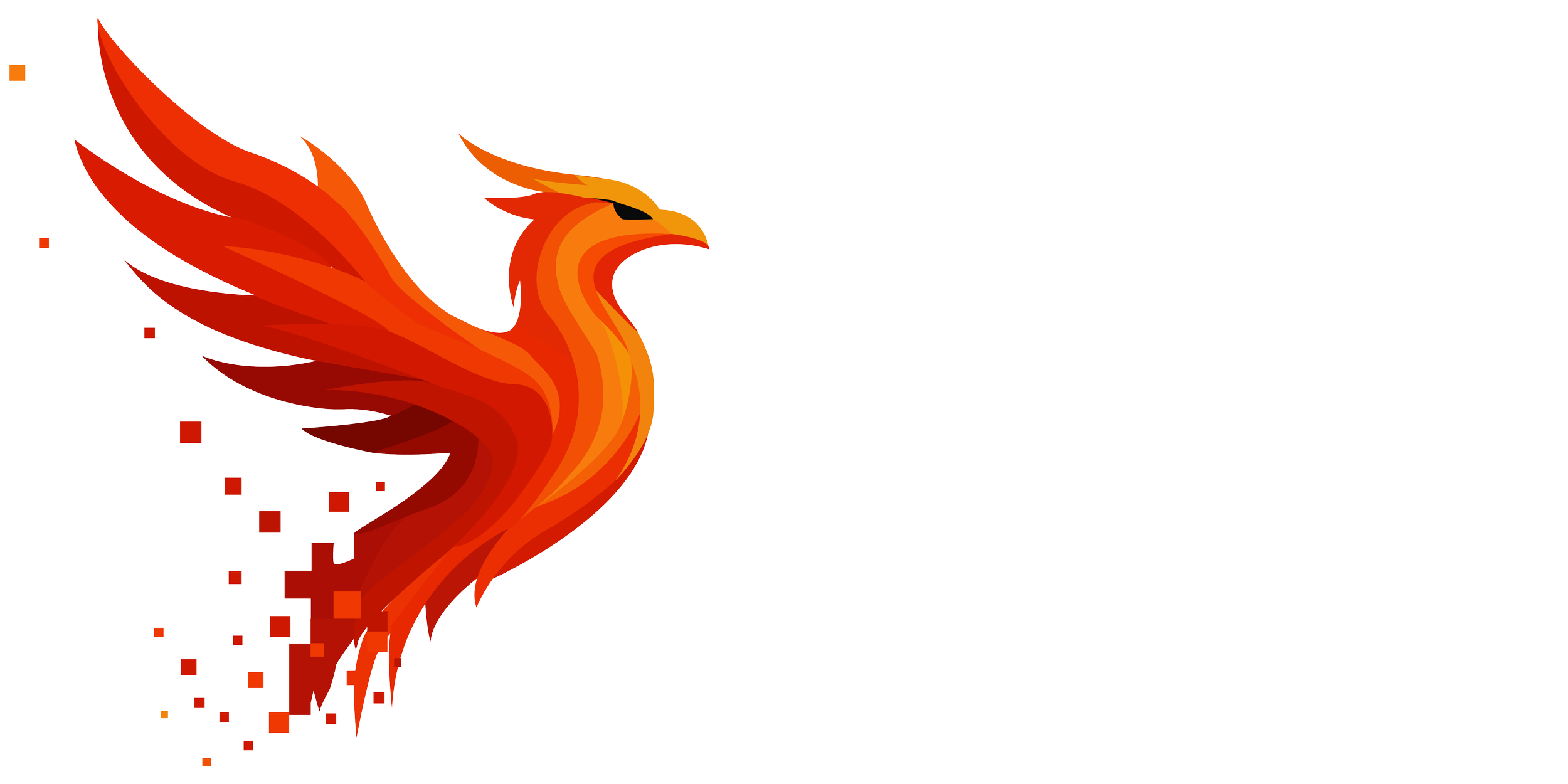 Stylized red and orange phoenix with pixelated effects on the left and a blank white speech bubble on the right.