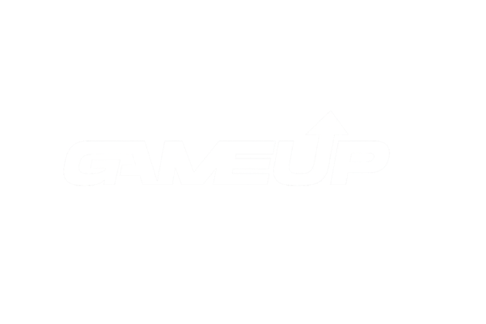 Logo with the words 'GAME UP' and an upward arrow integrated into the letter 'U' on a black background.