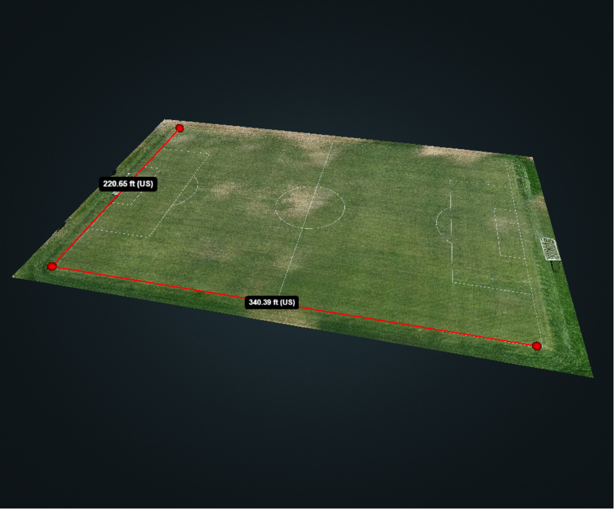 3D model of a soccer field with measurements showing length of approximately 340 feet and width of 220 feet.