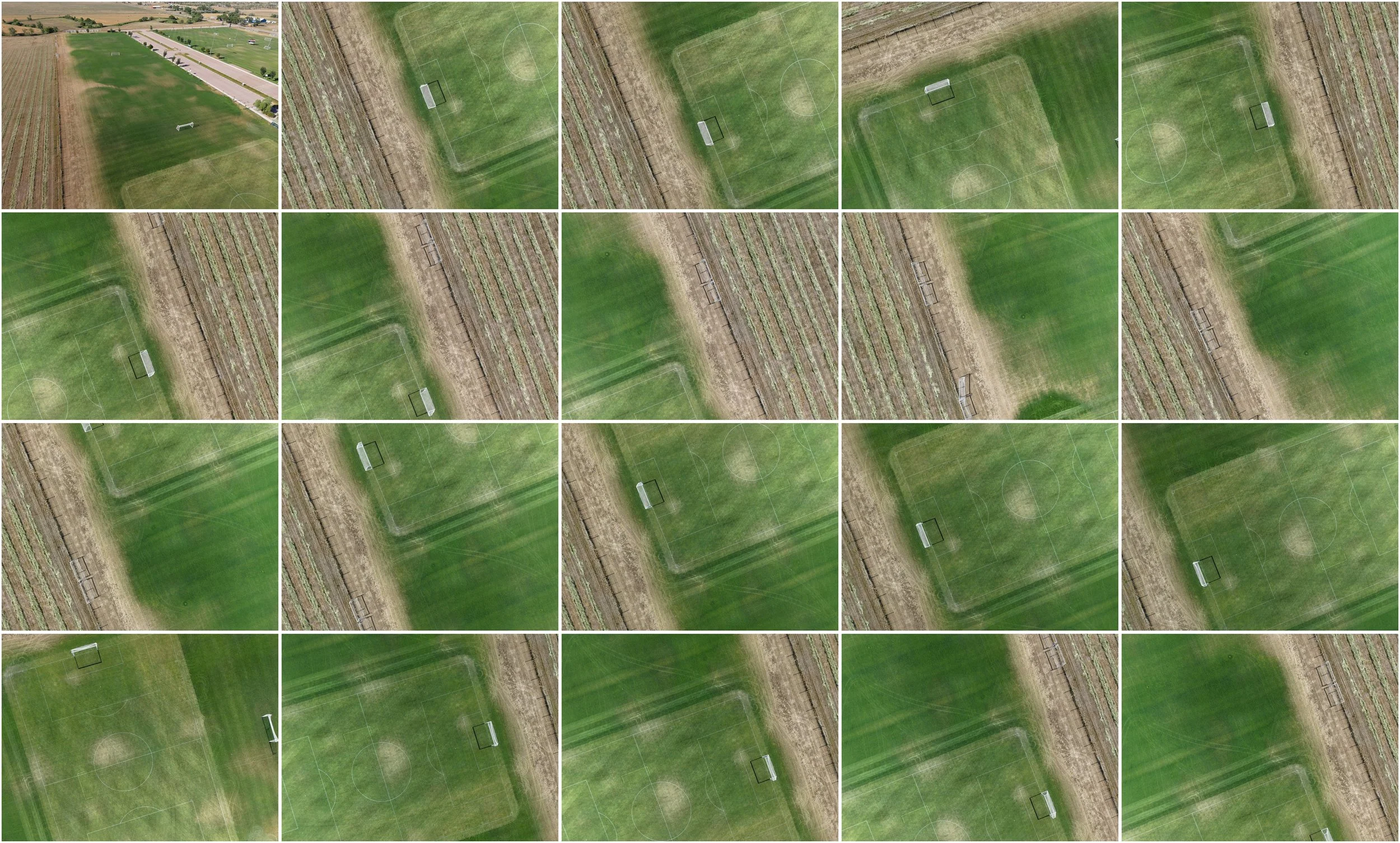 A collage of aerial views of a soccer field and a baseball field, with surrounding agricultural land, showing different angles and details of the sports fields.