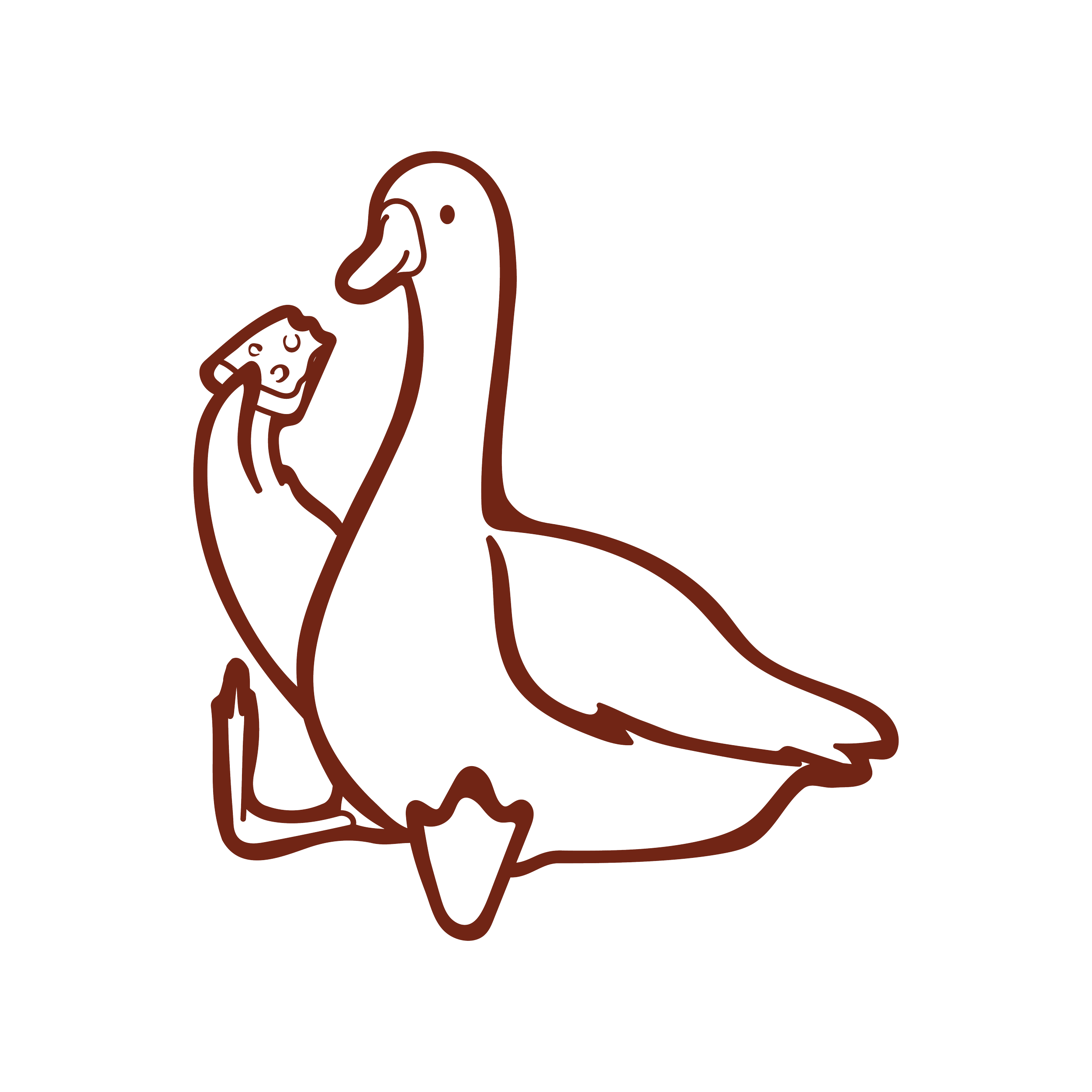 Disegno stilizzato di un uccello che sorride, con un grande becco e zampe, disegnato in stile minimalista con linee marroni sottili su sfondo nero.