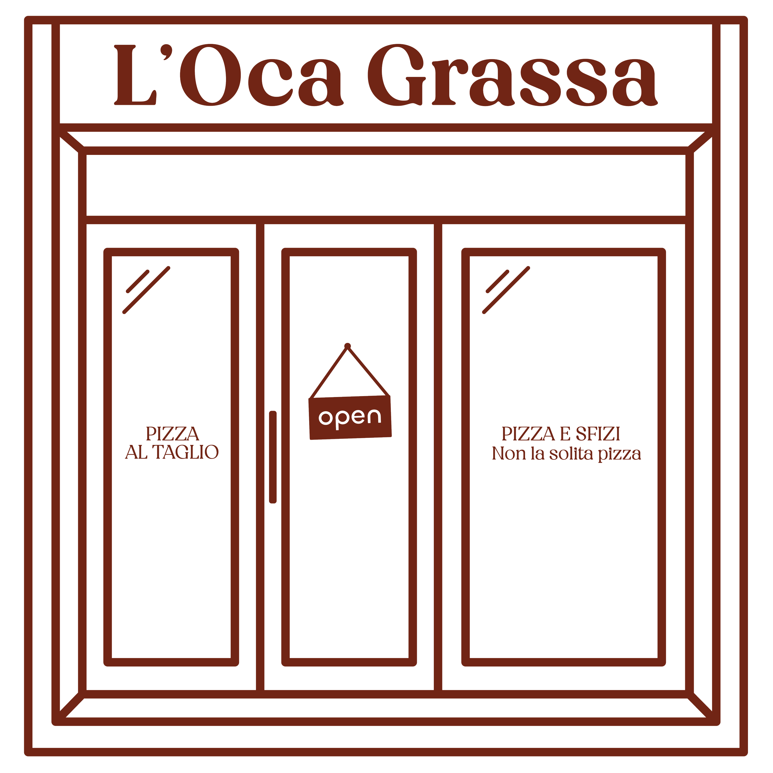 Nastro di legno con insegna di legno con il testo "L'Oca Grassa" in caratteri marroni su sfondo nero