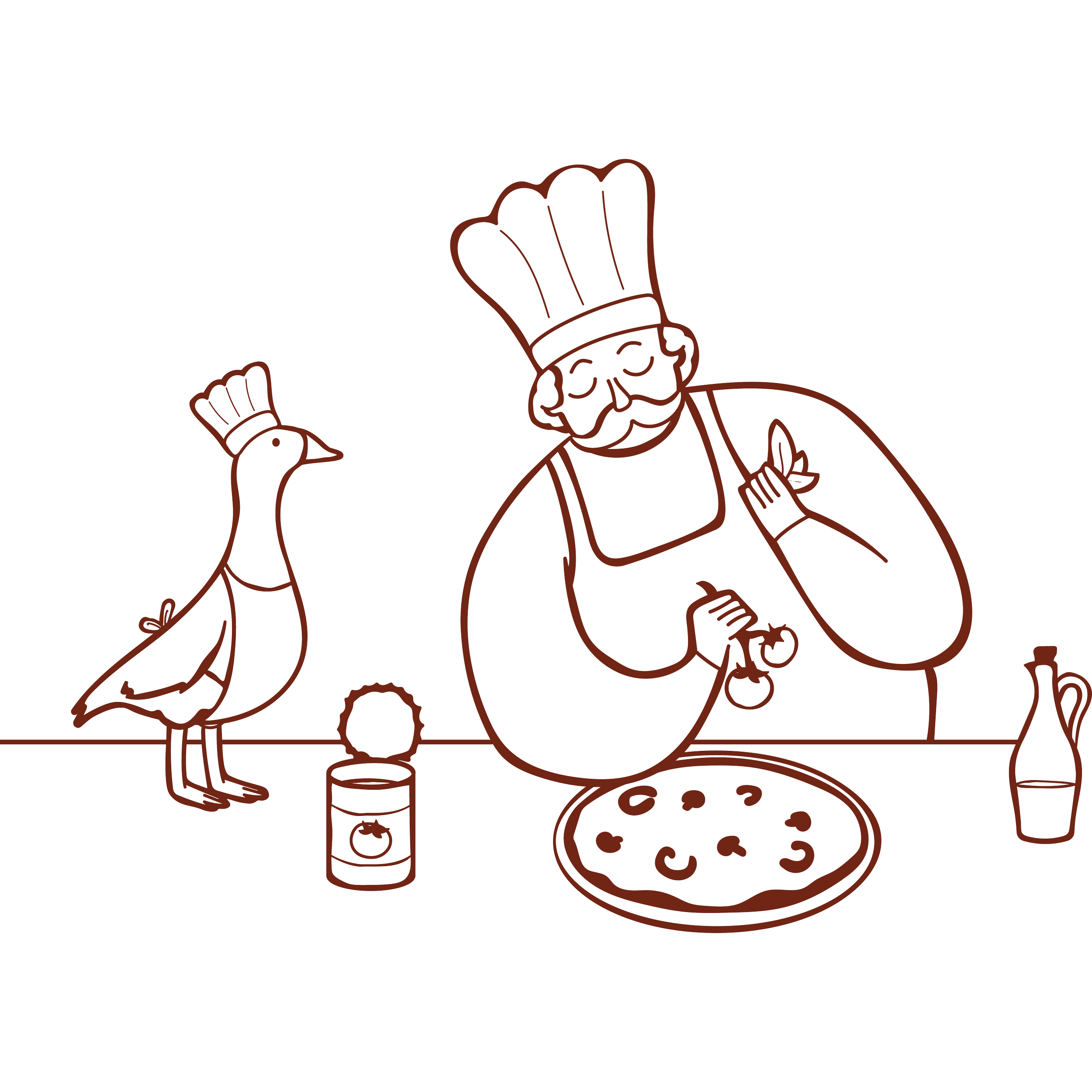 Schizzo di uno chef sorridente con cappello e grembiule, che tiene un mestolo in mano e una padella con ingredienti, circondato da uno spuntino di aragosta, un pollo arrosto, un cucchiaio e un coltello.