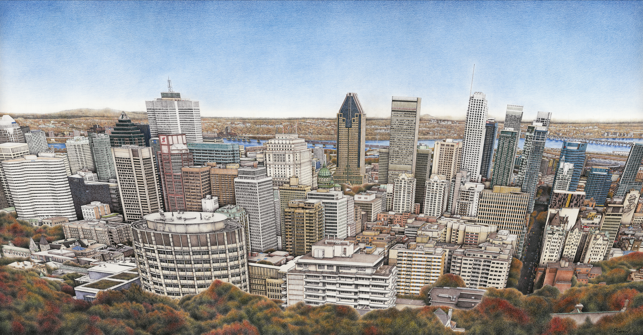 Montreal Cityscape Limited Edition Signed Print 21" x 11.5"