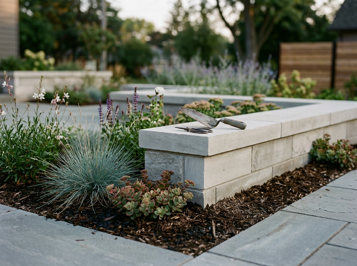 A garden bed with various plants, a stone border, and gardening tools resting on the border.