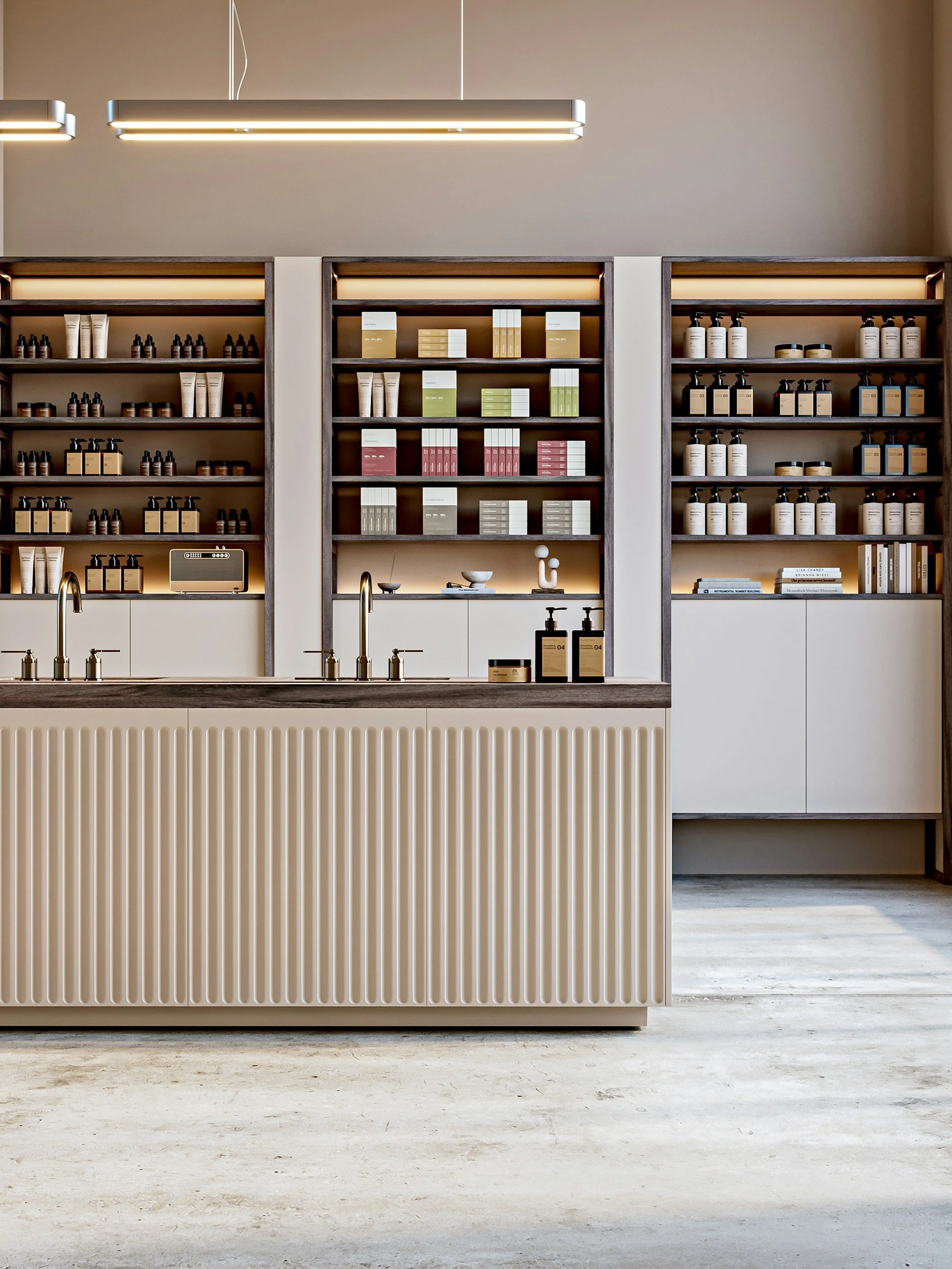 A modern retail or cosmetic store interior with dark wooden shelves filled with skincare or cosmetic products. The shelves are illuminated with warm lighting, and there are white storage cabinets below. The floor is polished concrete, and there are contemporary ceiling lights visible at the top of the image.