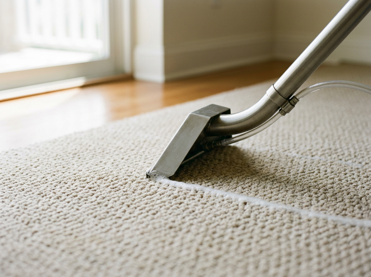 Close-up of a vacuum cleaner with a metal tube and clear hose, cleaning a beige carpet near a sliding glass door leading outside.