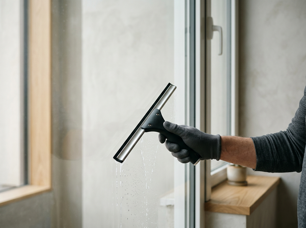 A person wearing a gray sleeve and black gloves cleaning a window with a squeegee.