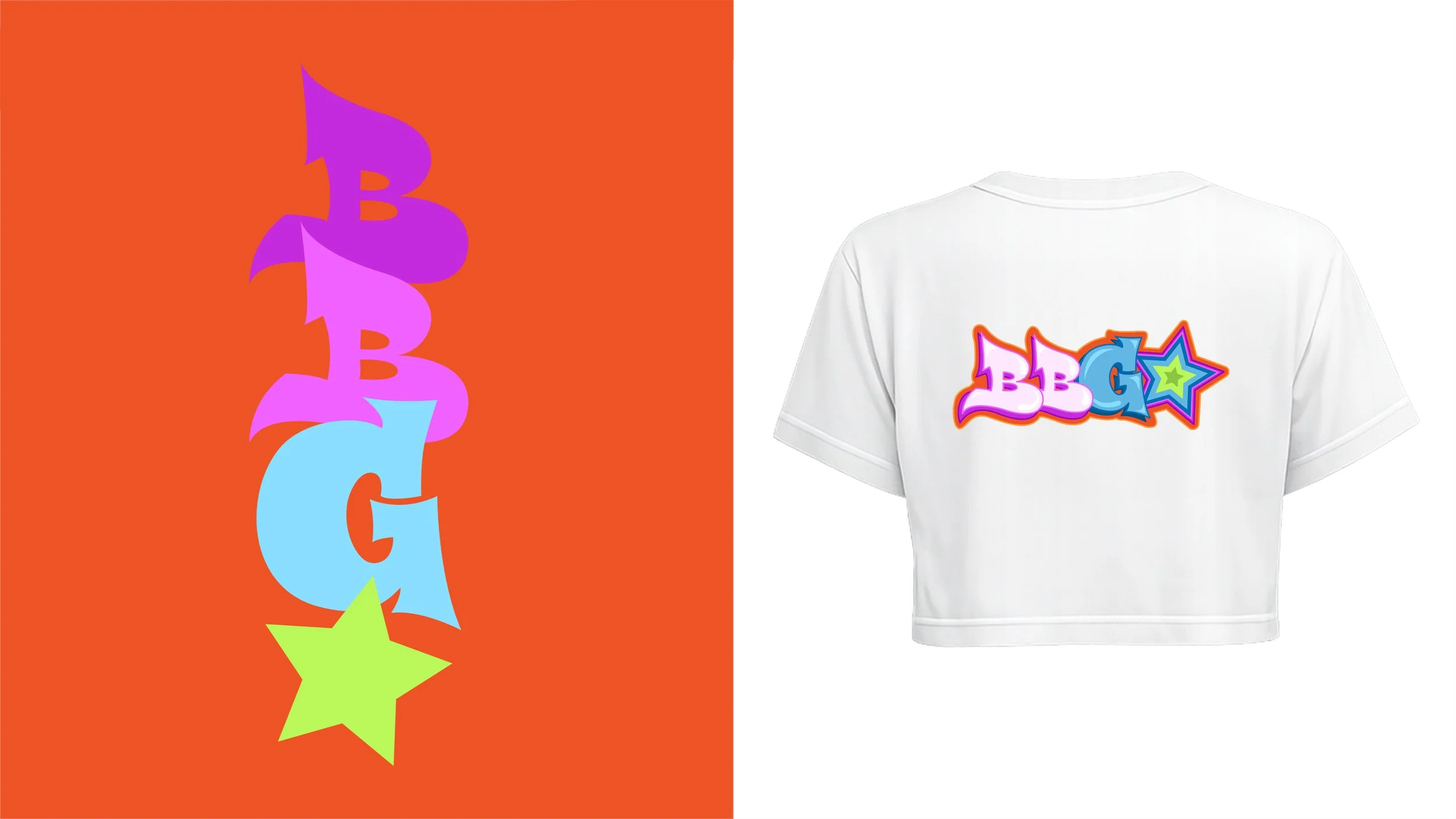 Custom graphic typography stacking "BBG" with a star element on an orange background next to a white cropped t-shirt mockup.