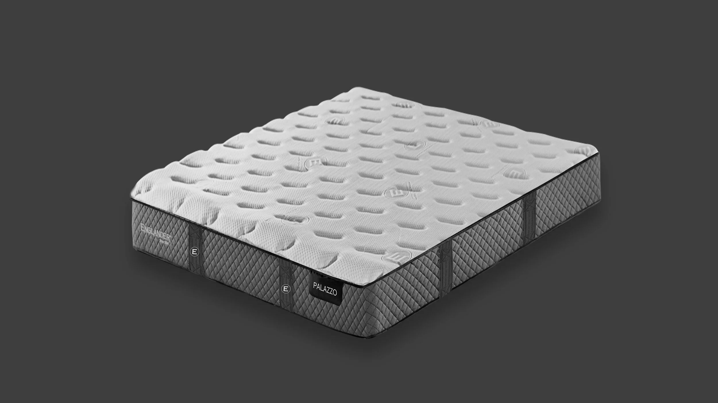 3D product render of an Englander Palazzo memory foam mattress with quilted top texture against a dark grey background.