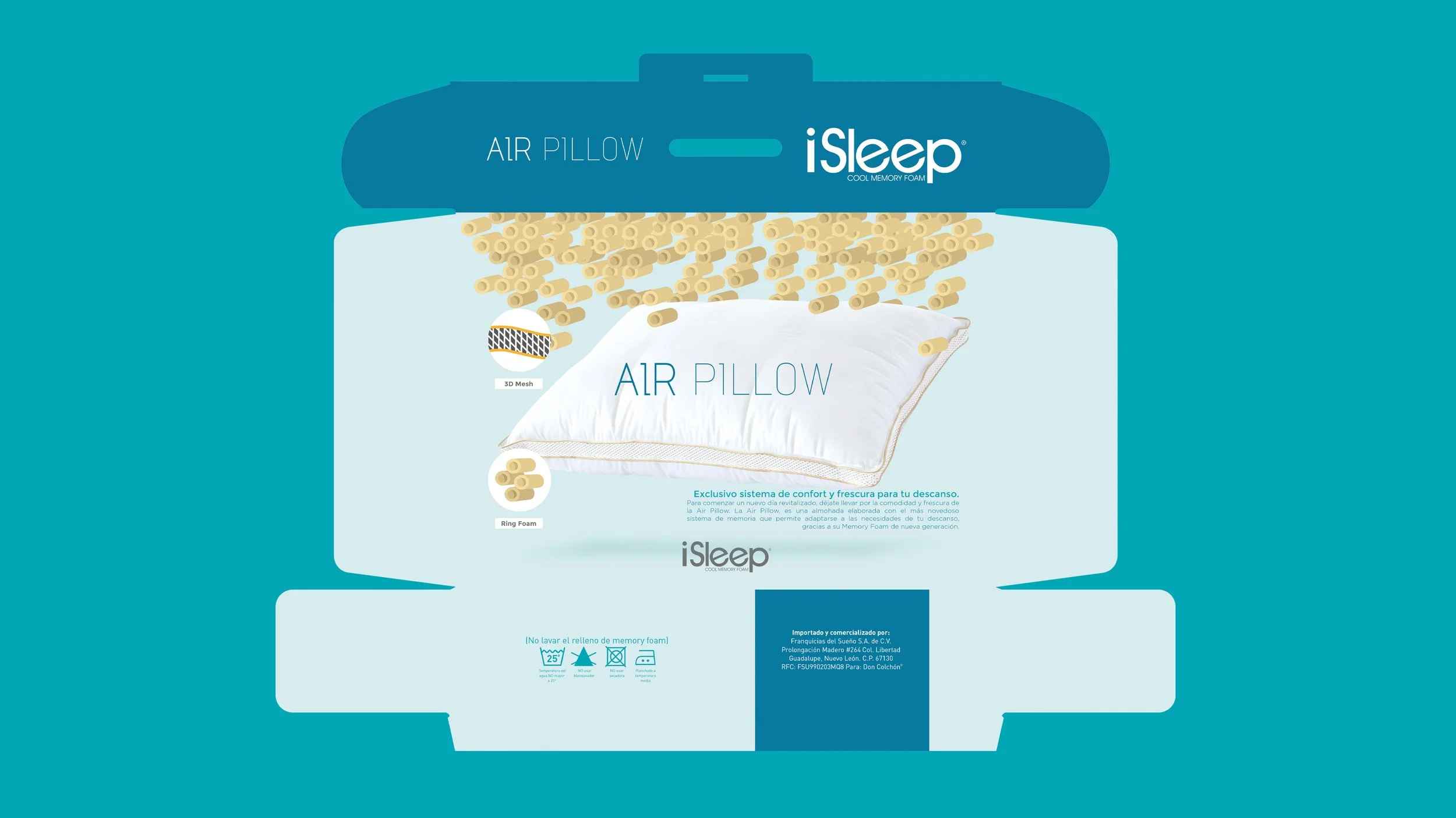 Unfolded box dieline design for iSleep Air Pillow featuring ring foam illustrations, 3D mesh details, and care instructions on a teal background.