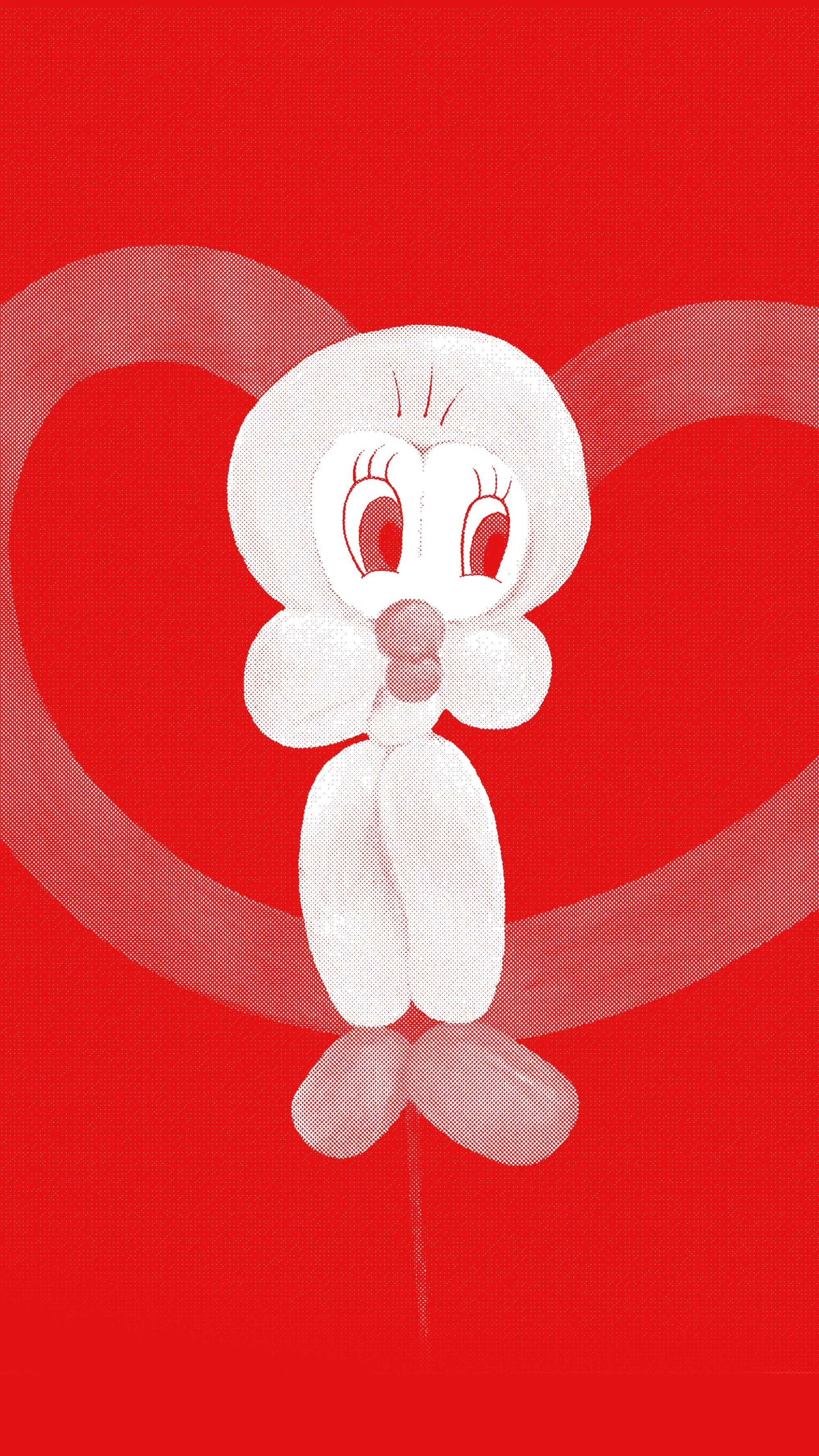 Hand-drawn and digitized halftone illustration of a balloon-style character inside a heart-shaped frame on a vibrant red background.