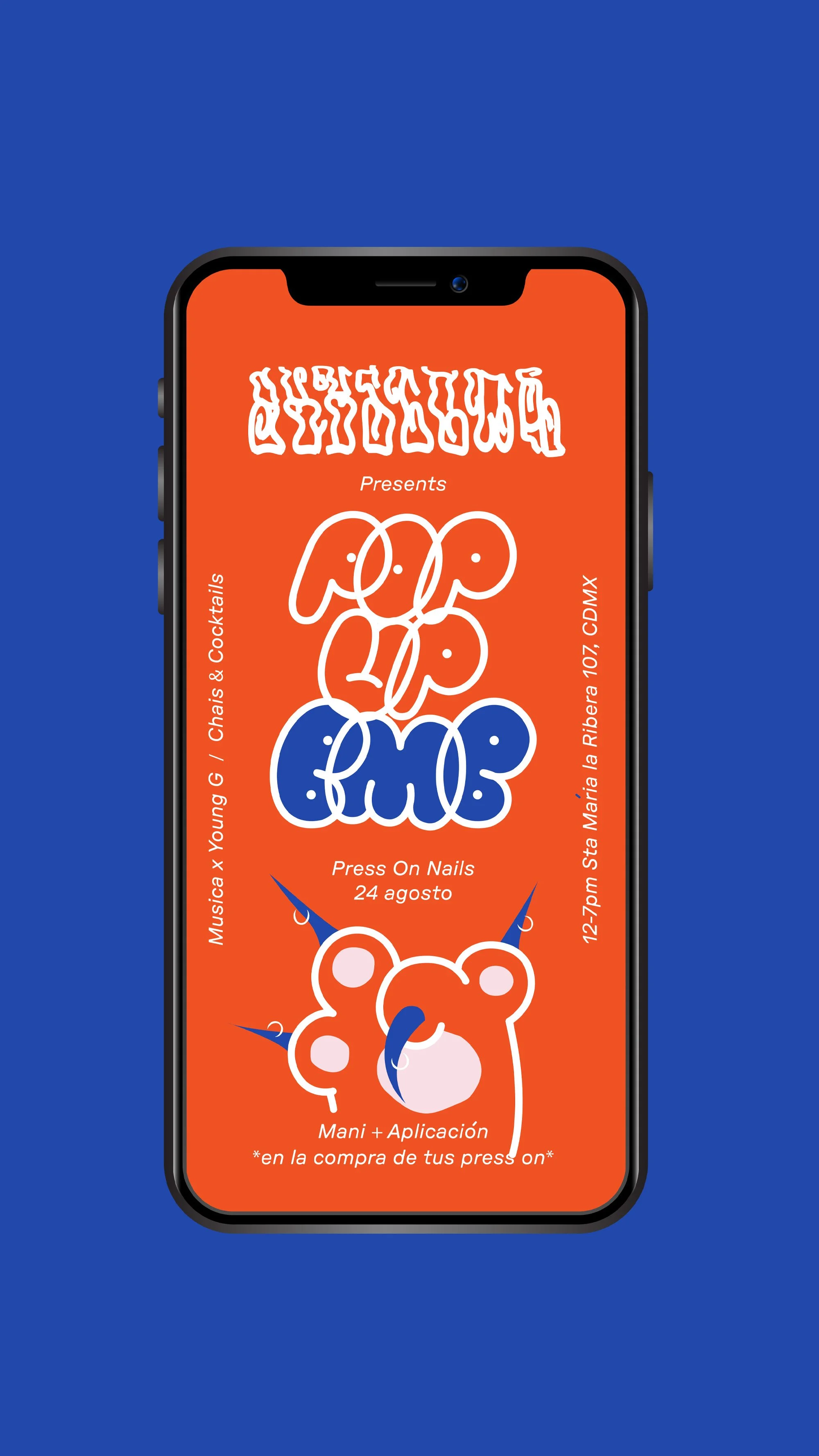 Mobile smartphone display showing a vibrant orange and blue pop-up event flyer with custom bubble typography for BBG.